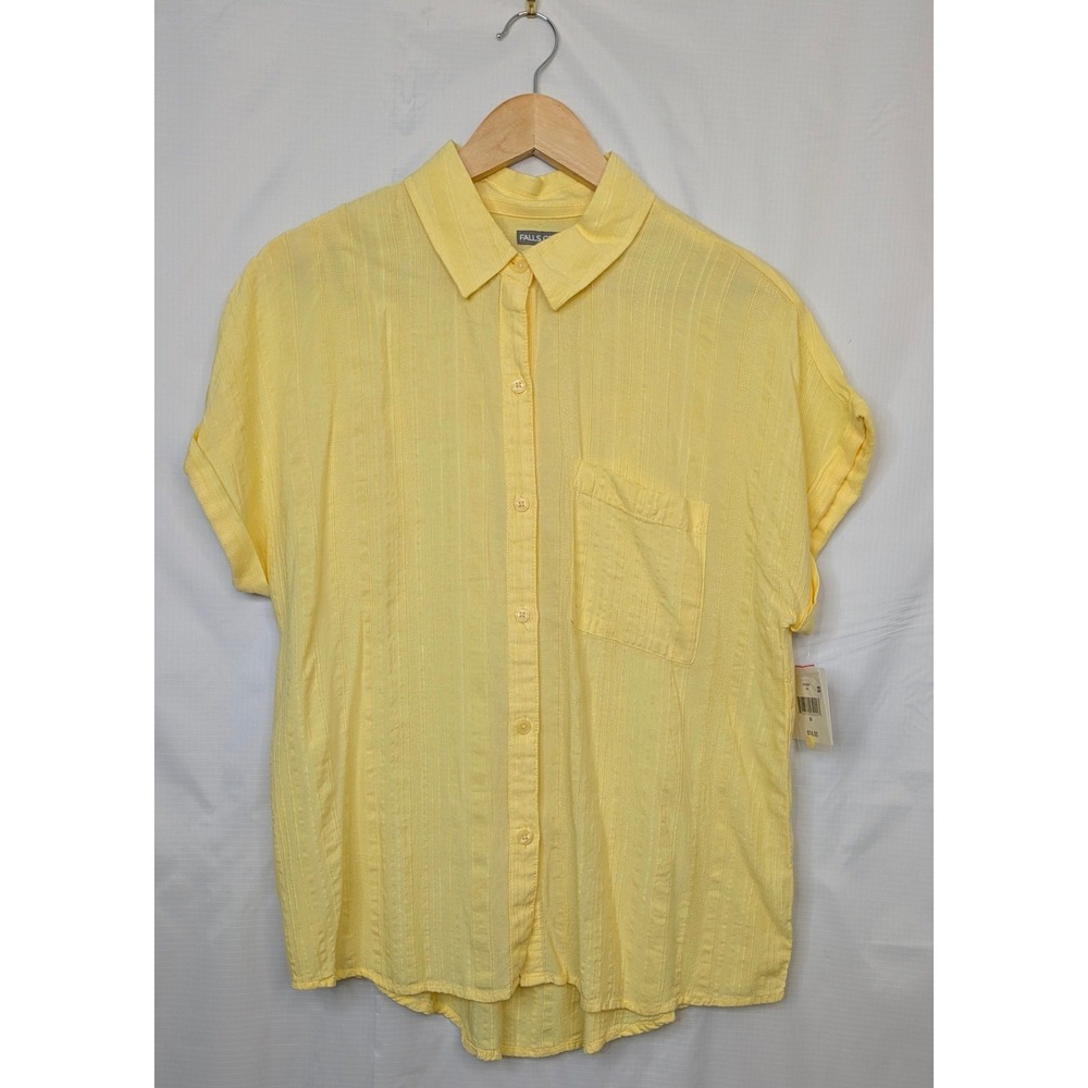Falls Creek Yellow Button Front Blouse Medium NWT Cap Sleeve Pocket Rayon Top